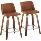 Toriano 24" Swivel Counter Stool in Walnut Wood & Camel Leatherette with Chrome Footrest (Set of 2)
